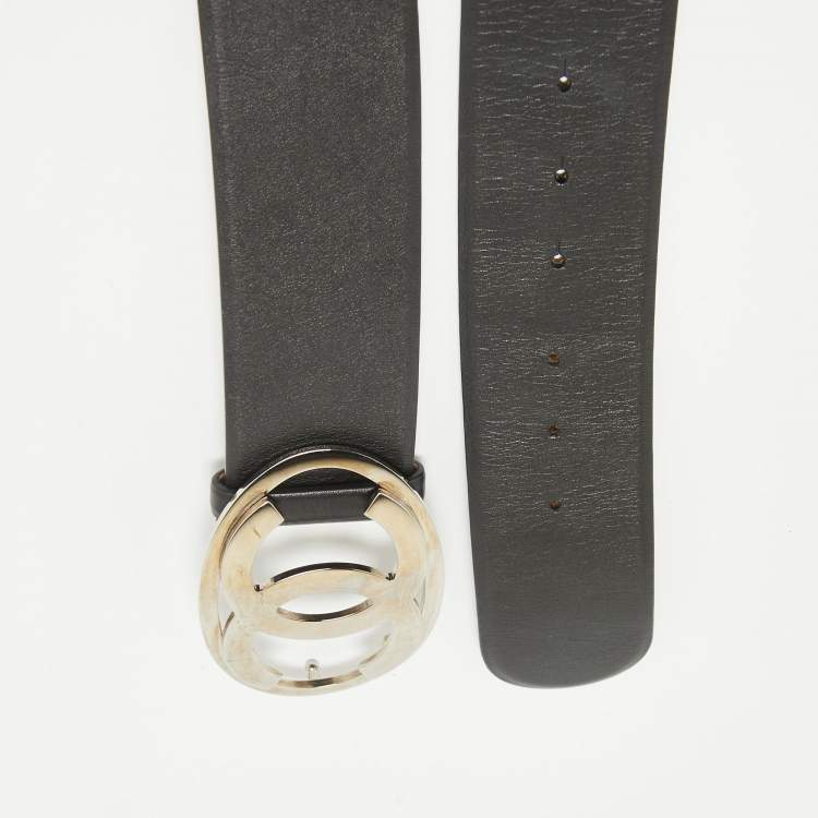Pre Owned Chanel Black Leather CC Logo Round Buckle Wide Belt 90CM
