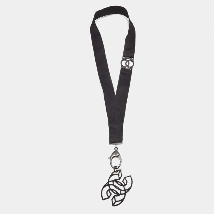Pre Owned Chanel CC Crystal Embellished Black Ribbon Pendant Necklace