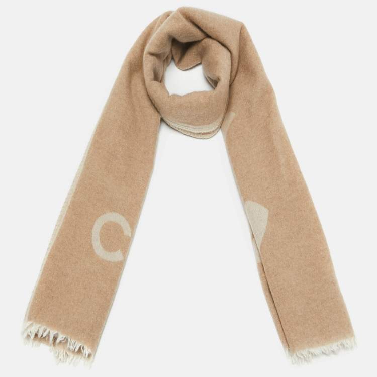 Pre Owned Chanel Beige Logo Intarsia Cashmere Shawl 