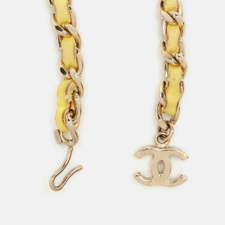 Pre Owned Chanel Yellow Leather Logo Charm Chain Link Belt