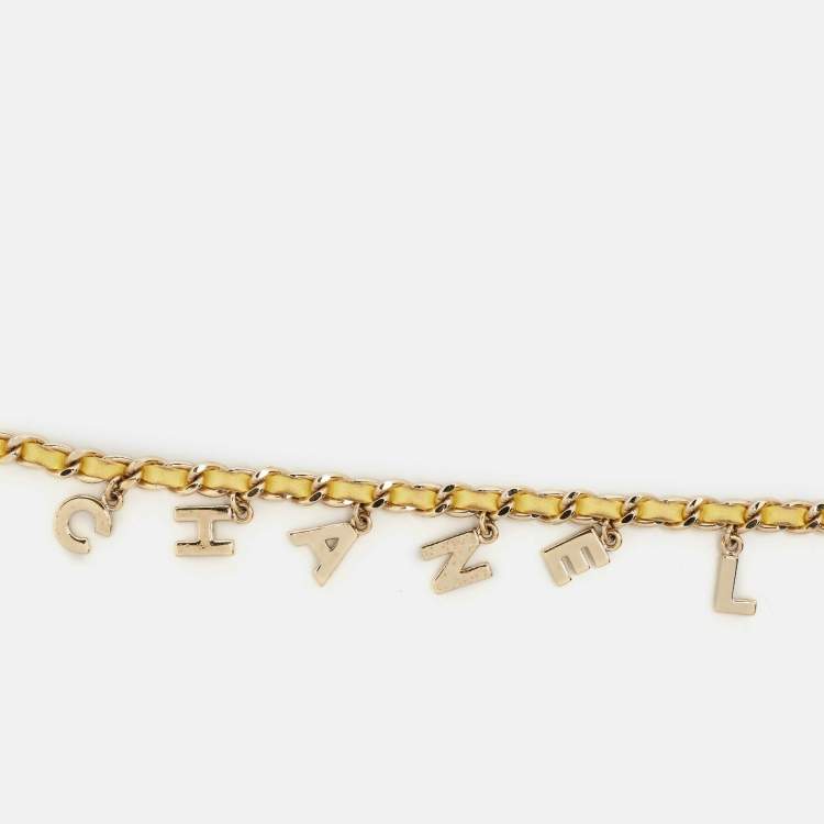 Pre Owned Chanel Yellow Leather Logo Charm Chain Link Belt