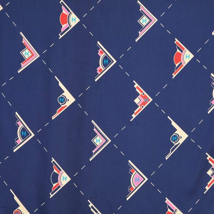 Pre Owned Chanel Navy Blue CC Geometric Print Silk Scarf