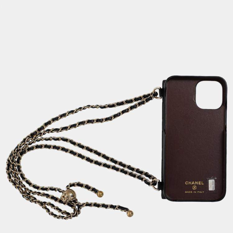 Pre Owned Chanel Black Lambskin Quilted iPhone 12Pro Chain Case