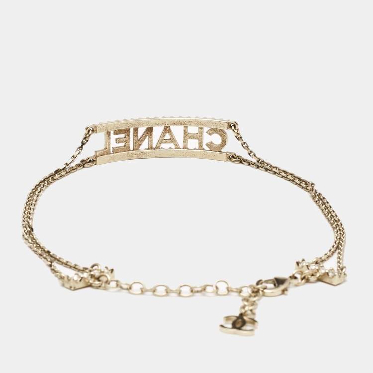 Pre Owned Chanel Logo Crystal Gold Tone Necklace
