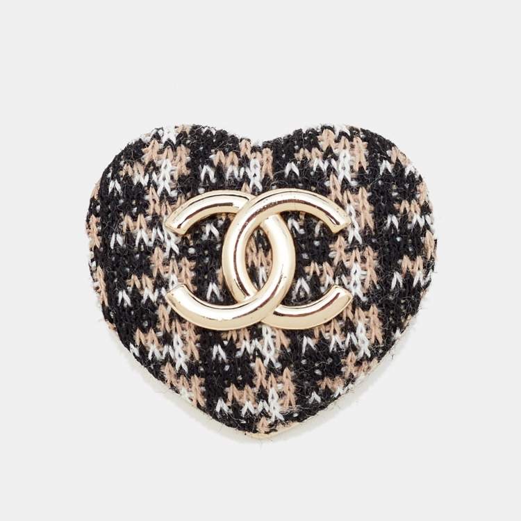 Chanel CC Coco Heart Fabric Gold Tone Brooch