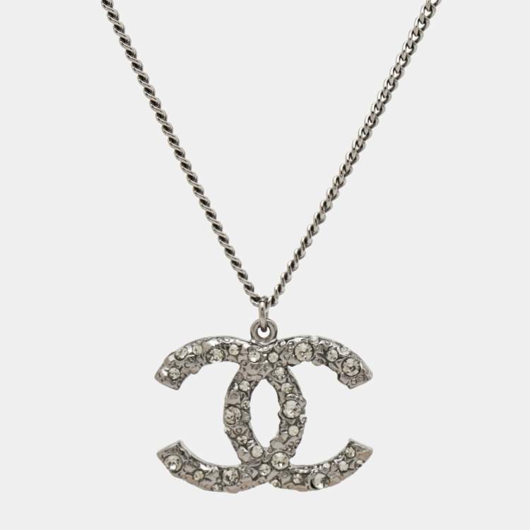 Chanel CC Crystals Gunmetal Tone Pendant Necklace