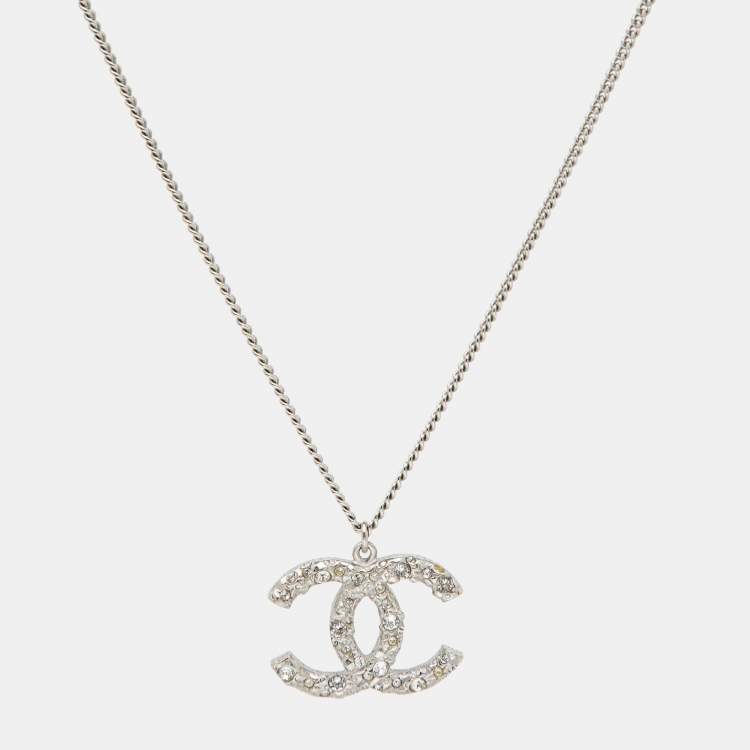 Chanel CC Crystals Silver Tone Pendant Necklace