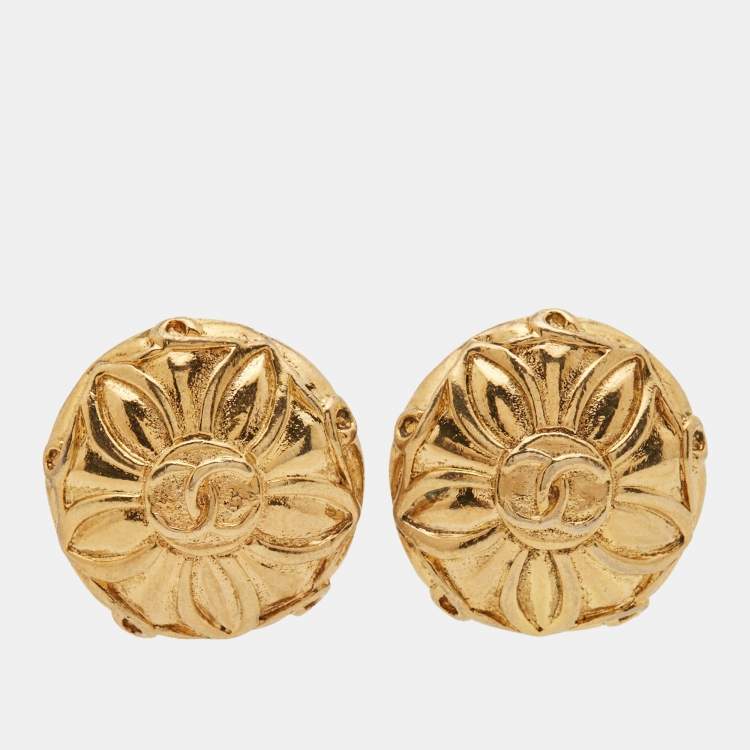 Chanel CC Medallion Gold Tone Clip On Earrings