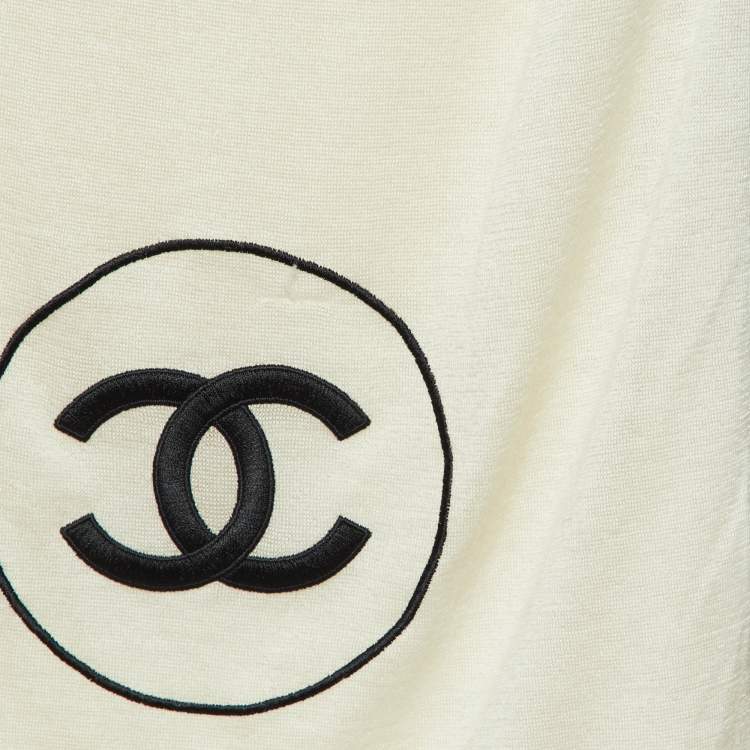 Pre Owned Chanel Cream CC Embroidered Cashmere & Silk Knit Scarf