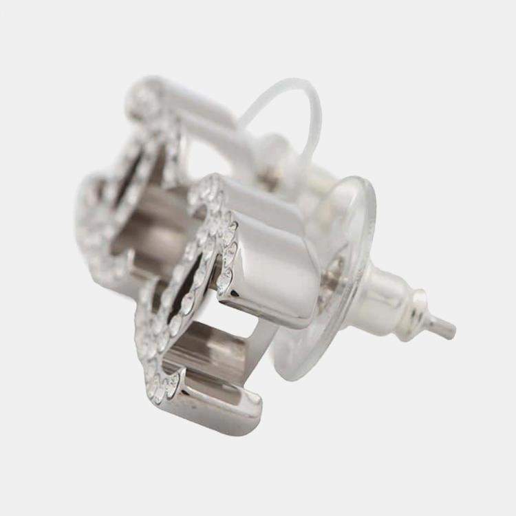 Pre Owned Chanel Silver/Transparent Metal Rhinestone Cc Logo Rhinestone Earrings