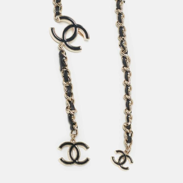 Pre Owned Chanel CC Black Leather Gold Tone Charm Chain Belt