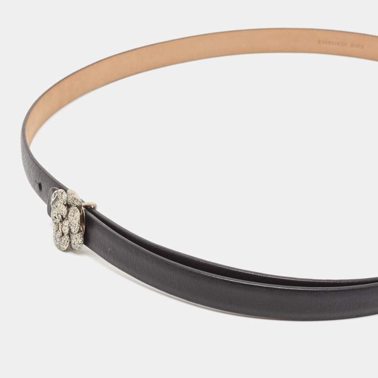 Pre Owned Chanel Black Leather Camellia Buckle Slim Belt 90CM
