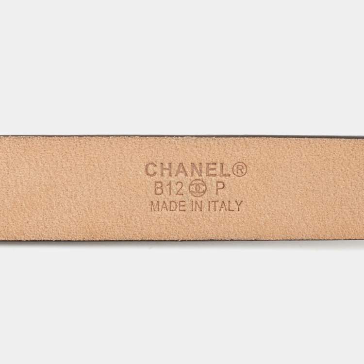 Pre Owned Chanel Black Leather Camellia Buckle Slim Belt 90CM