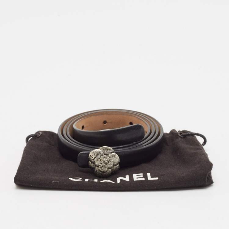 Pre Owned Chanel Black Leather Camellia Buckle Slim Belt 90CM