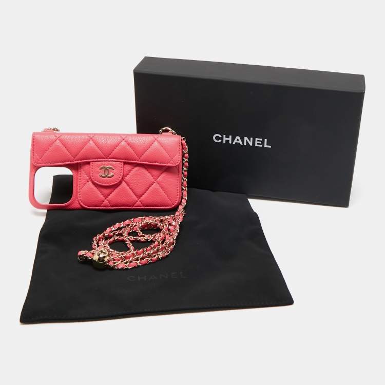 Pre Owned Chanel Pink Quilted Caviar Leather Pearl Crush iPhone Chain Case