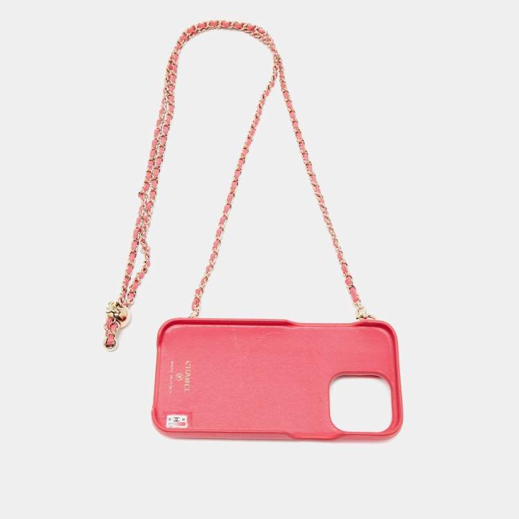 Pre Owned Chanel Pink Quilted Caviar Leather Pearl Crush iPhone Chain Case