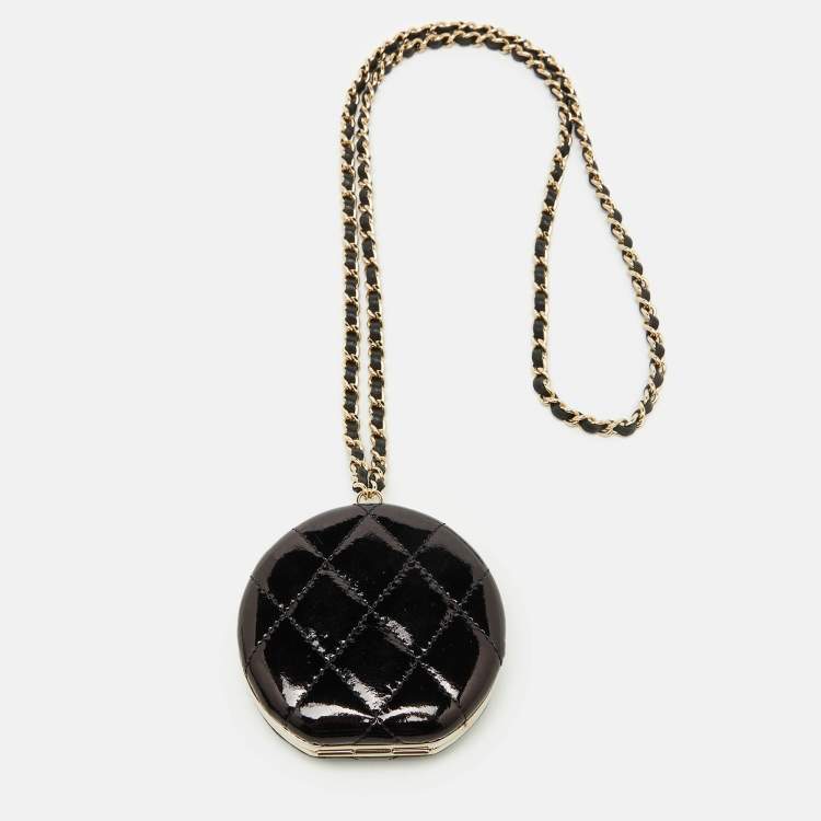 Pre Owned Chanel Black Quilted Patent Leather Round Mirror Chain Bag