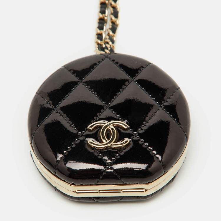 Pre Owned Chanel Black Quilted Patent Leather Round Mirror Chain Bag