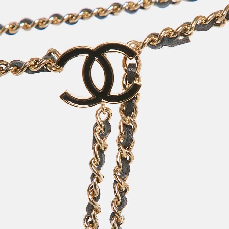 Pre Owned Chanel CC Black Leather CC Charm Gold Tone Chain Belt