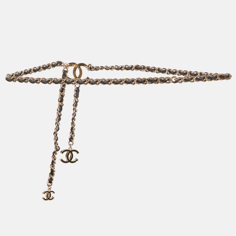 Pre Owned Chanel CC Black Leather CC Charm Gold Tone Chain Belt