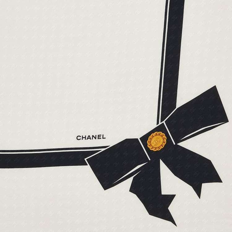 Pre Owned Chanel White Ribbon Print CC Silk Scarf