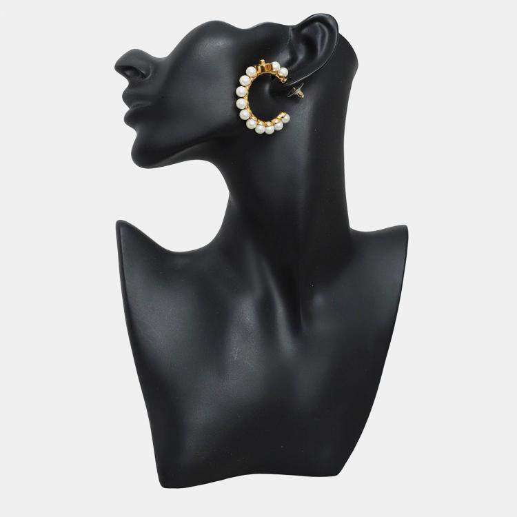 Pre Owned Chanel Cc Pearl Hoop Earrings