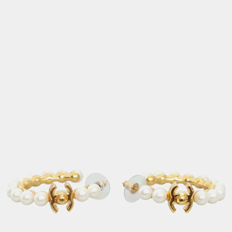 Pre Owned Chanel Cc Pearl Hoop Earrings