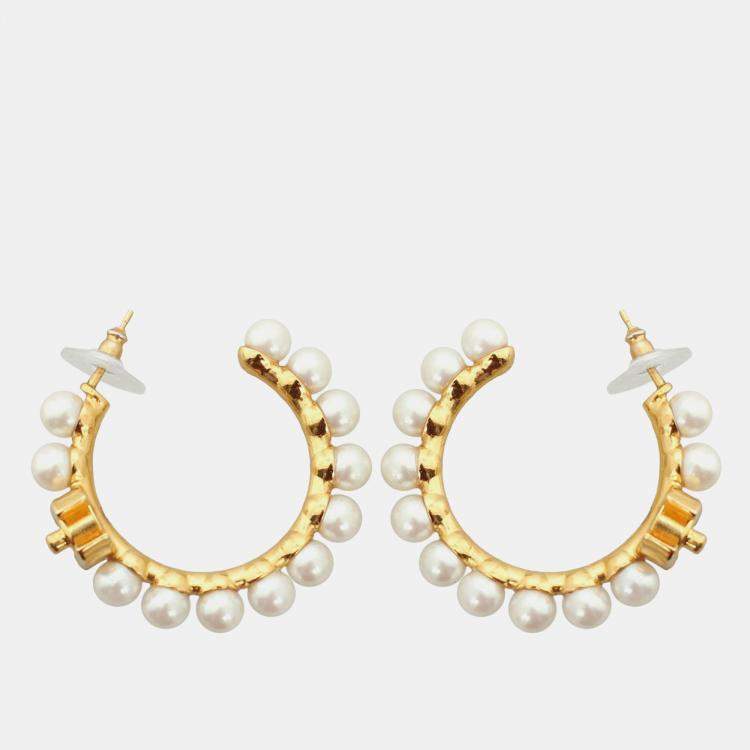 Pre Owned Chanel Cc Pearl Hoop Earrings