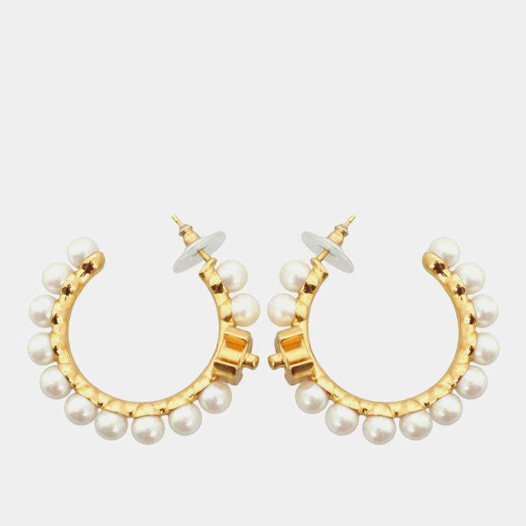 Pre Owned Chanel Cc Pearl Hoop Earrings