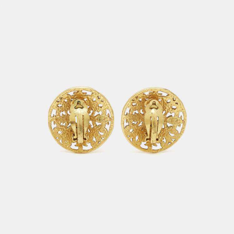 Pre Owned Chanel CC Cut Out Gold Tone Round Stud Earrings