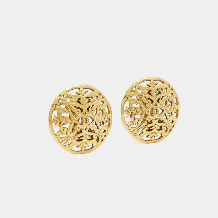 Pre Owned Chanel CC Cut Out Gold Tone Round Stud Earrings