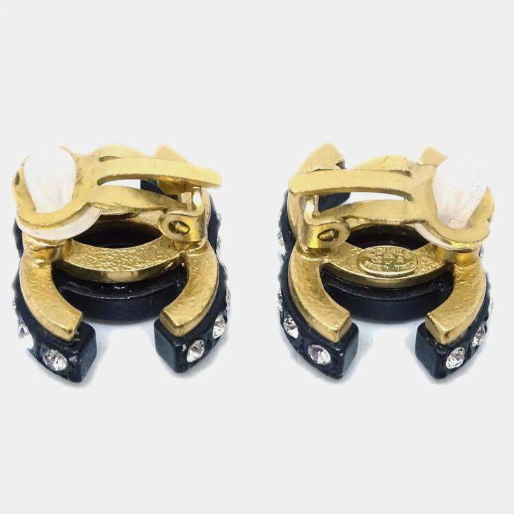 Pre Owned Chanel CC Black Rhinestone Clip-On Earrings 