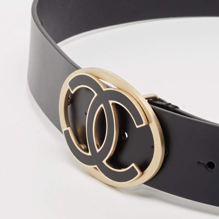 Pre Owned Chanel Black Leather CC Logo Buckle Belt 85CM