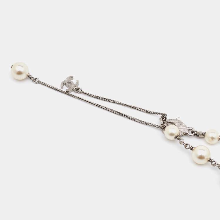 Pre Owned Chanel CC Faux Pearl Composite Silver Tone Long  Necklace 