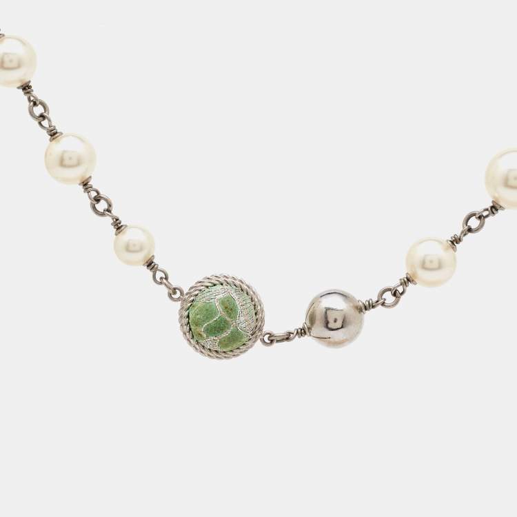 Pre Owned Chanel CC Faux Pearl Composite Silver Tone Long  Necklace 
