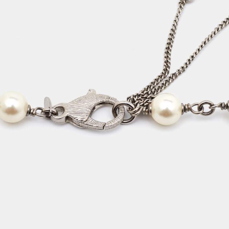 Pre Owned Chanel CC Faux Pearl Composite Silver Tone Long  Necklace 