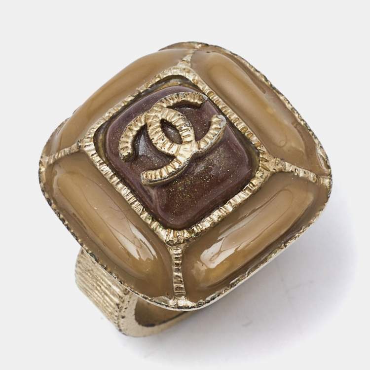 Pre Owned Chanel CC Gold Tone Enamel Cocktail Ring Size 52
