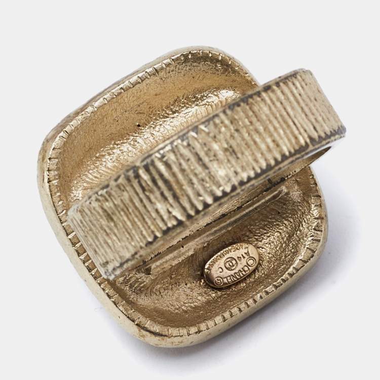 Pre Owned Chanel CC Gold Tone Enamel Cocktail Ring Size 52