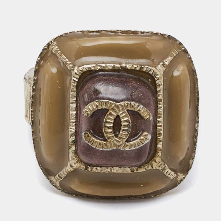 Pre Owned Chanel CC Gold Tone Enamel Cocktail Ring Size 52