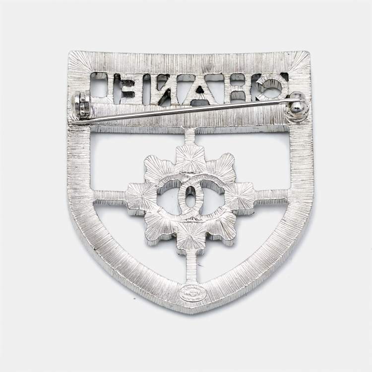 Pre Owned Chanel Crystals Silver Tone Shield Brooch
