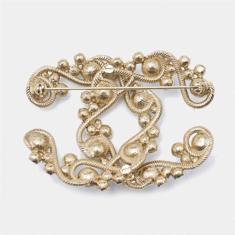 Pre Owned Chanel CC Faux Pearl Crystal Gold Tone Brooch