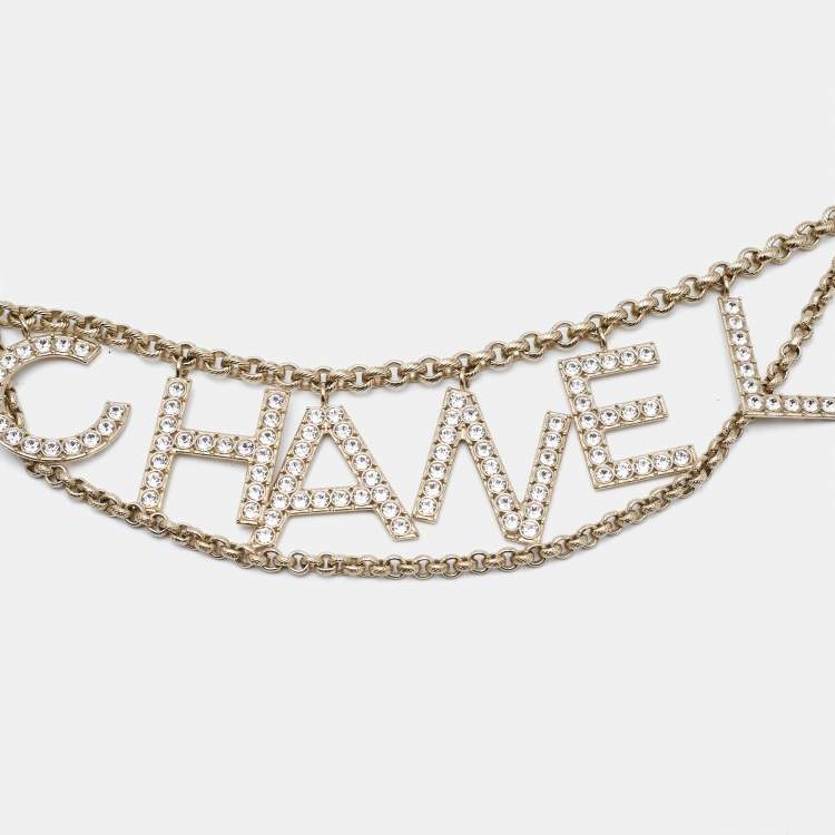 Pre Owned Chanel Letter Charms Crystals Gold Tone Chain Belt