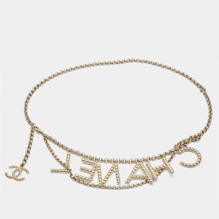 Pre Owned Chanel Letter Charms Crystals Gold Tone Chain Belt