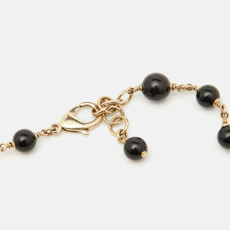 Pre Owned Chanel Faux Pearl Black Beads Gold Tone CC Baroque Station Necklace