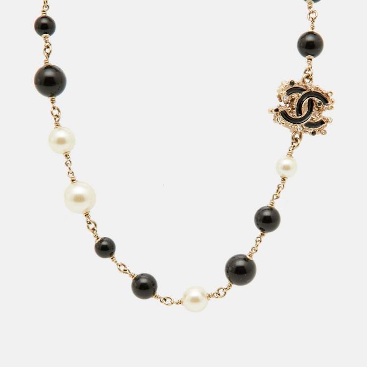 Pre Owned Chanel Faux Pearl Black Beads Gold Tone CC Baroque Station Necklace