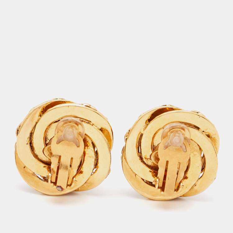 Pre Owned Chanel CC Faux Pearl Gold Tone Clip On Earrings