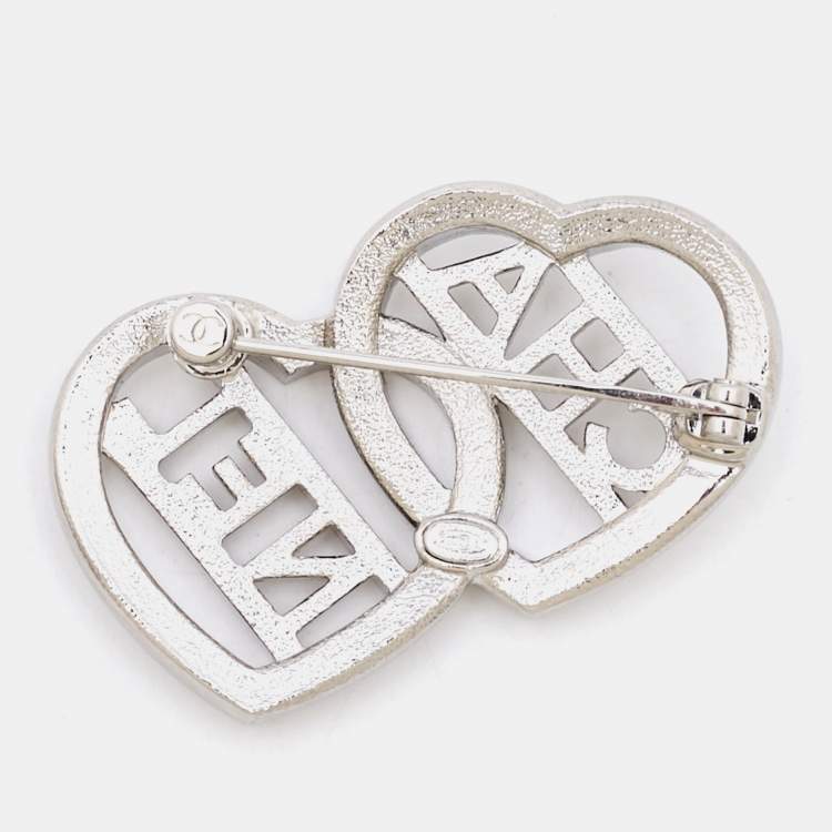 Pre Owned Chanel Double Heart Crystals Silver Tone Brooch