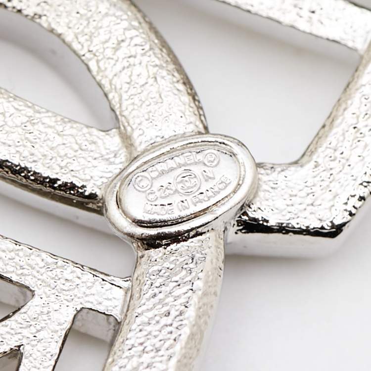 Pre Owned Chanel Double Heart Crystals Silver Tone Brooch