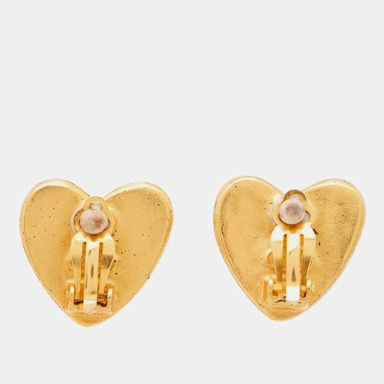 Pre Owned Chanel CC Heart Gold Tone Earrings