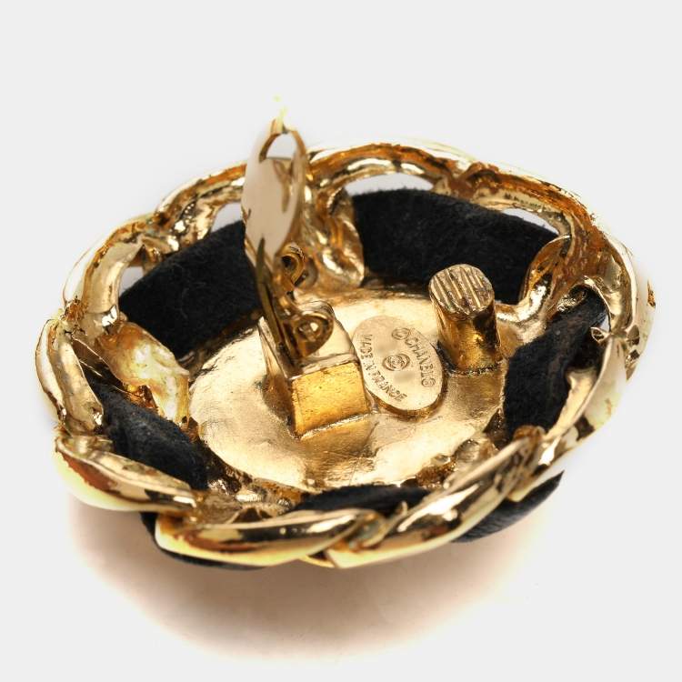 Pre Owned Chanel Gold/Black Faux Pearl and Leather Chain Iconic Clip On Earrings